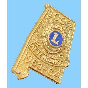 Lions Club 100% Attendance Pin 1963-64 Alabama Shape Gold Tone
